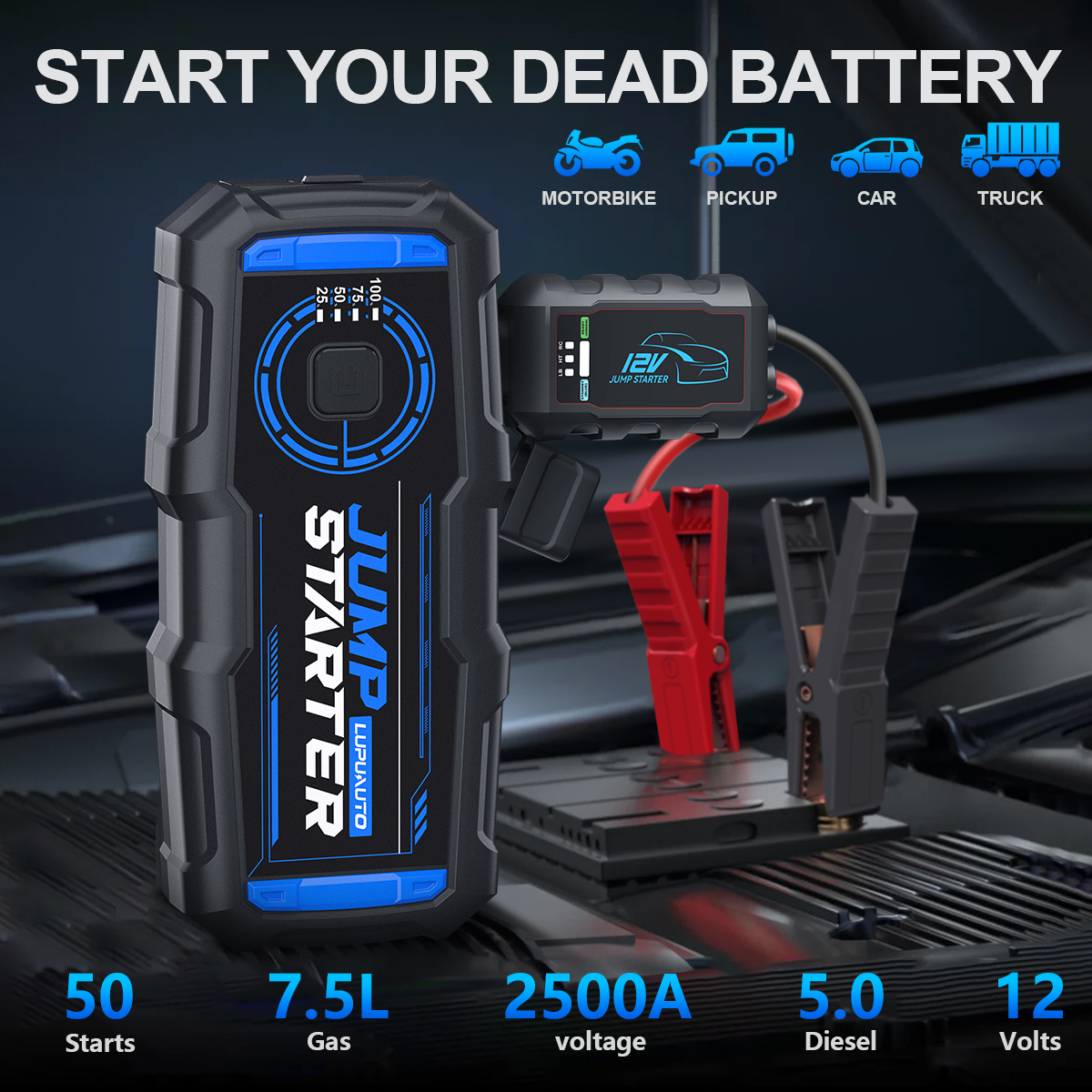 2026 新しいポータブルスマートジャンプスターター 12V カーバッテリーブースター 10000mAh パワーバンク LED ライトと急速充電機能付き