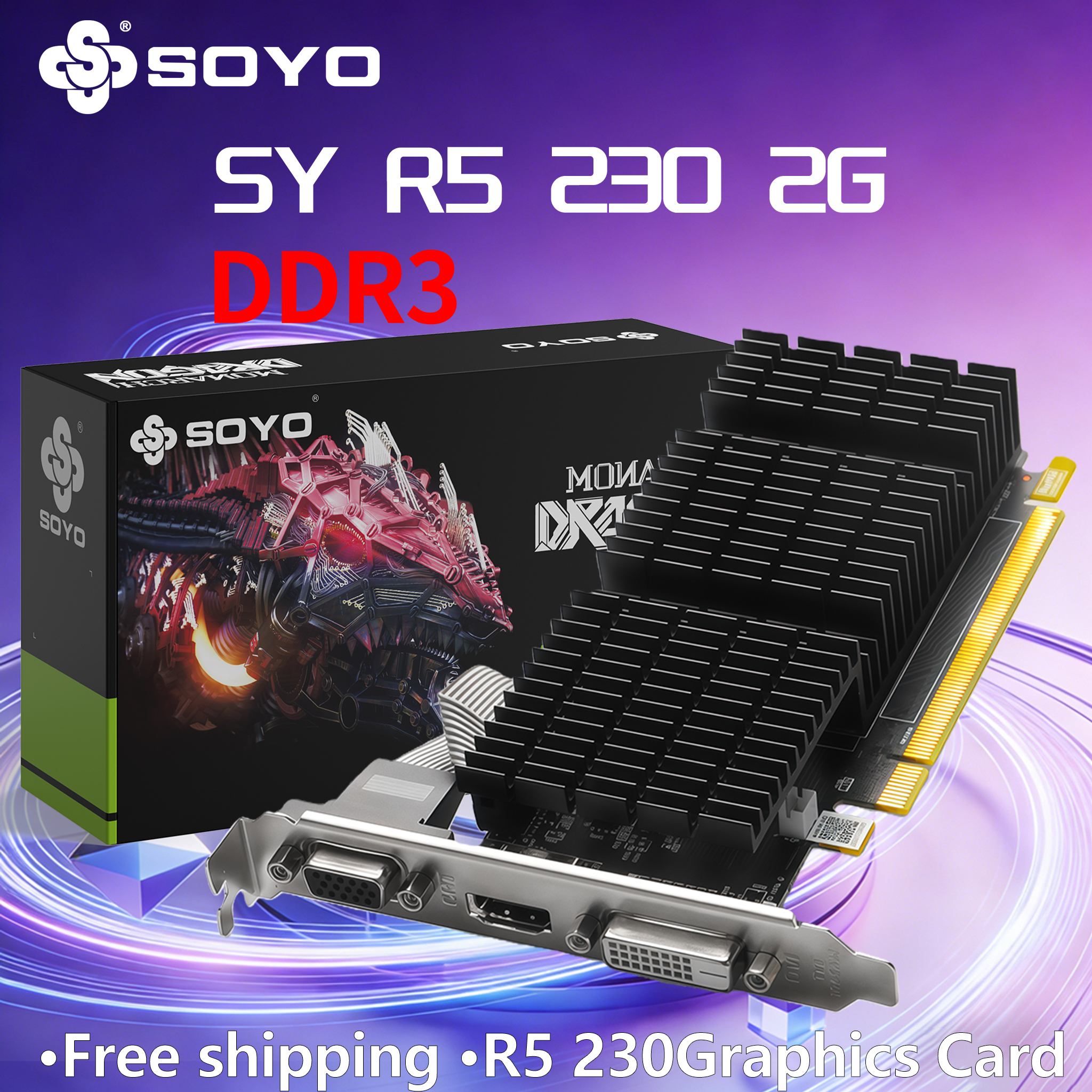 SOYO AMD Radeon R5 230 2GB DDR3 グラフィックカード PCIe2.0x16 64bit 625MHz コア オフィス PC ゲーム ATI VGA HDMI DVI コンピューターコンポーネント
