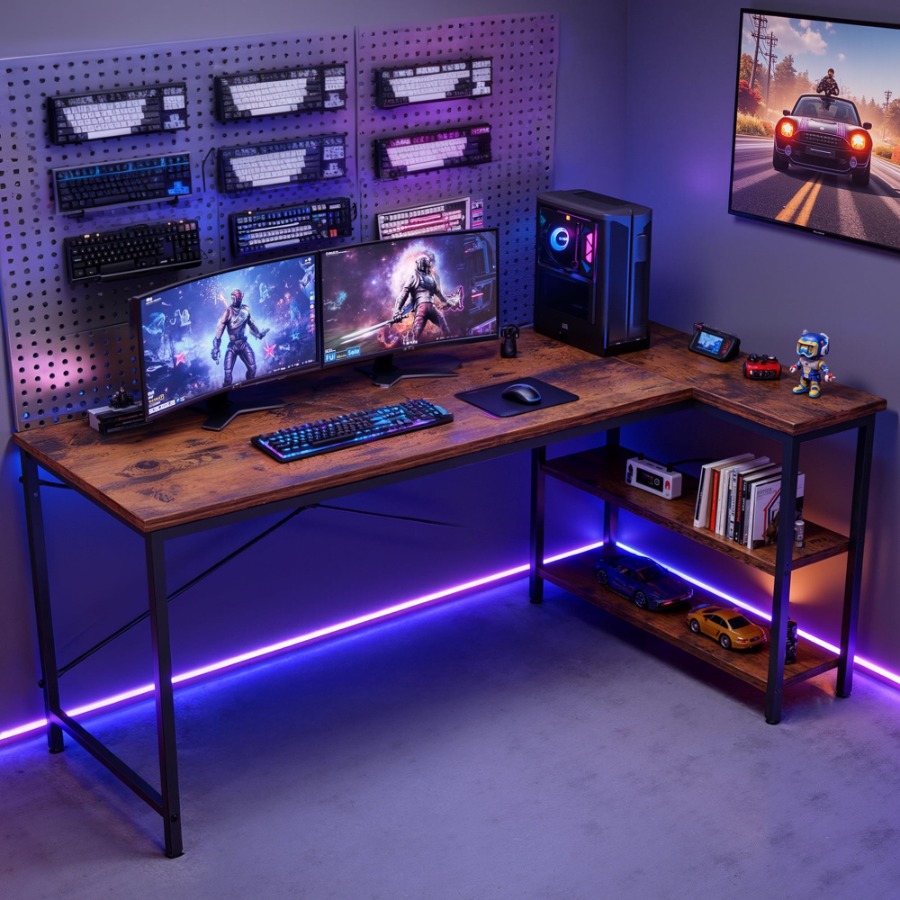 47 インチ L 字型コンピューターデスク、リバーシブル収納棚と PC スタンド コーナー ゲームおよびホーム オフィス デスク ブラウン
