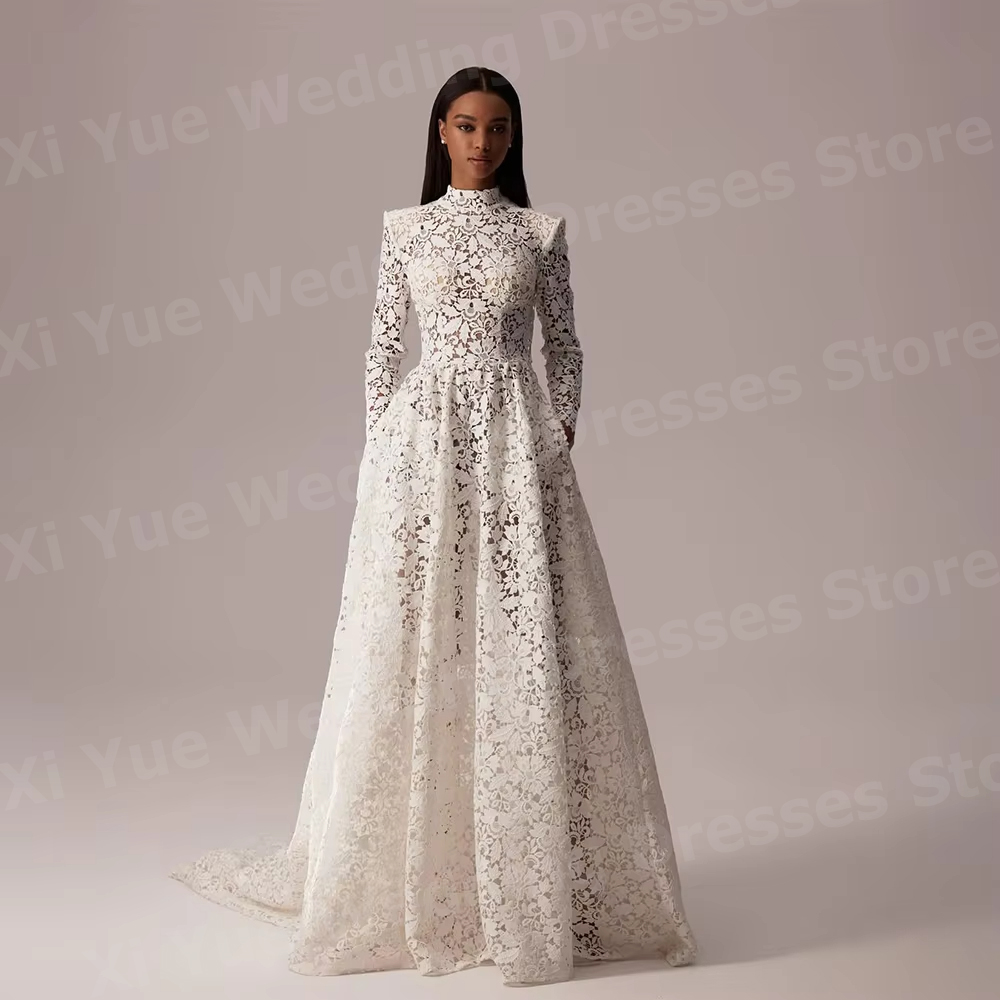 2026 豪華な A ラインの女性のハイネック長袖レースのウェディングドレス Vestido デノビアの花嫁ドレスカスタマイズされたローブデマリー