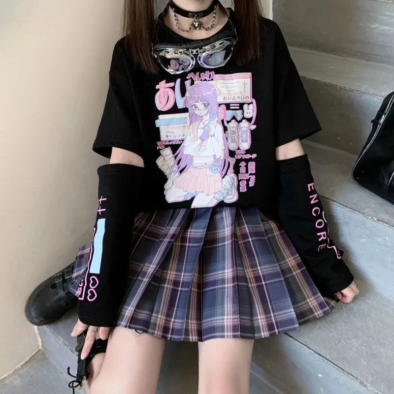 日本のストリート E ガールアニメ Tシャツ服アームカバーグラフィックトップ原宿かわいい夏のトップス女性 2022 Tシャツ