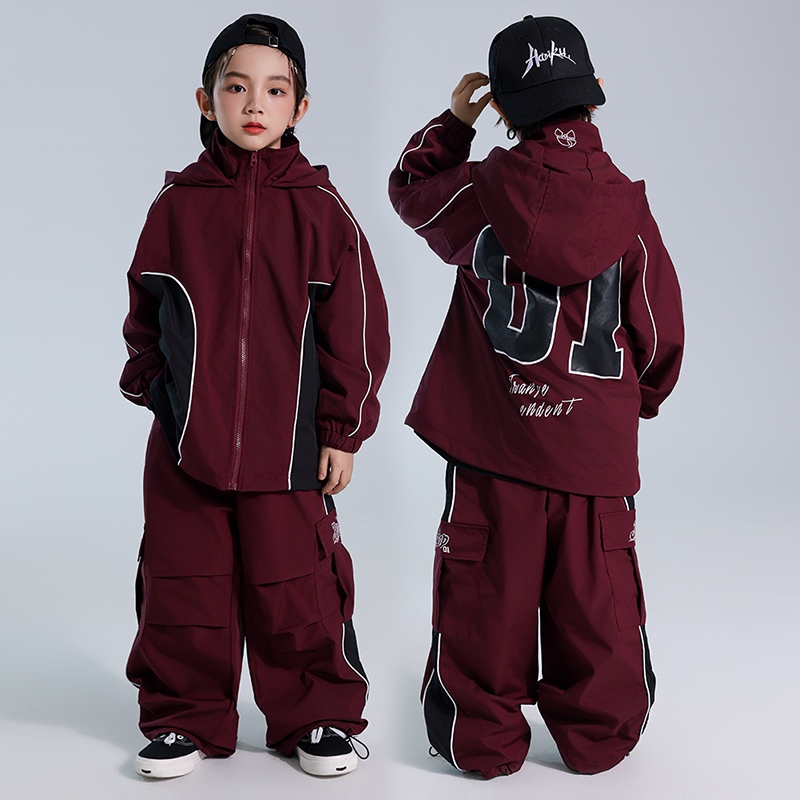 子供ヒップホップダンス衣装ボーイズストリートダンス服だぶだぶのコタパンツバーガンディスーツ女の子ジャズ練習パフォーマンスウェア L14149