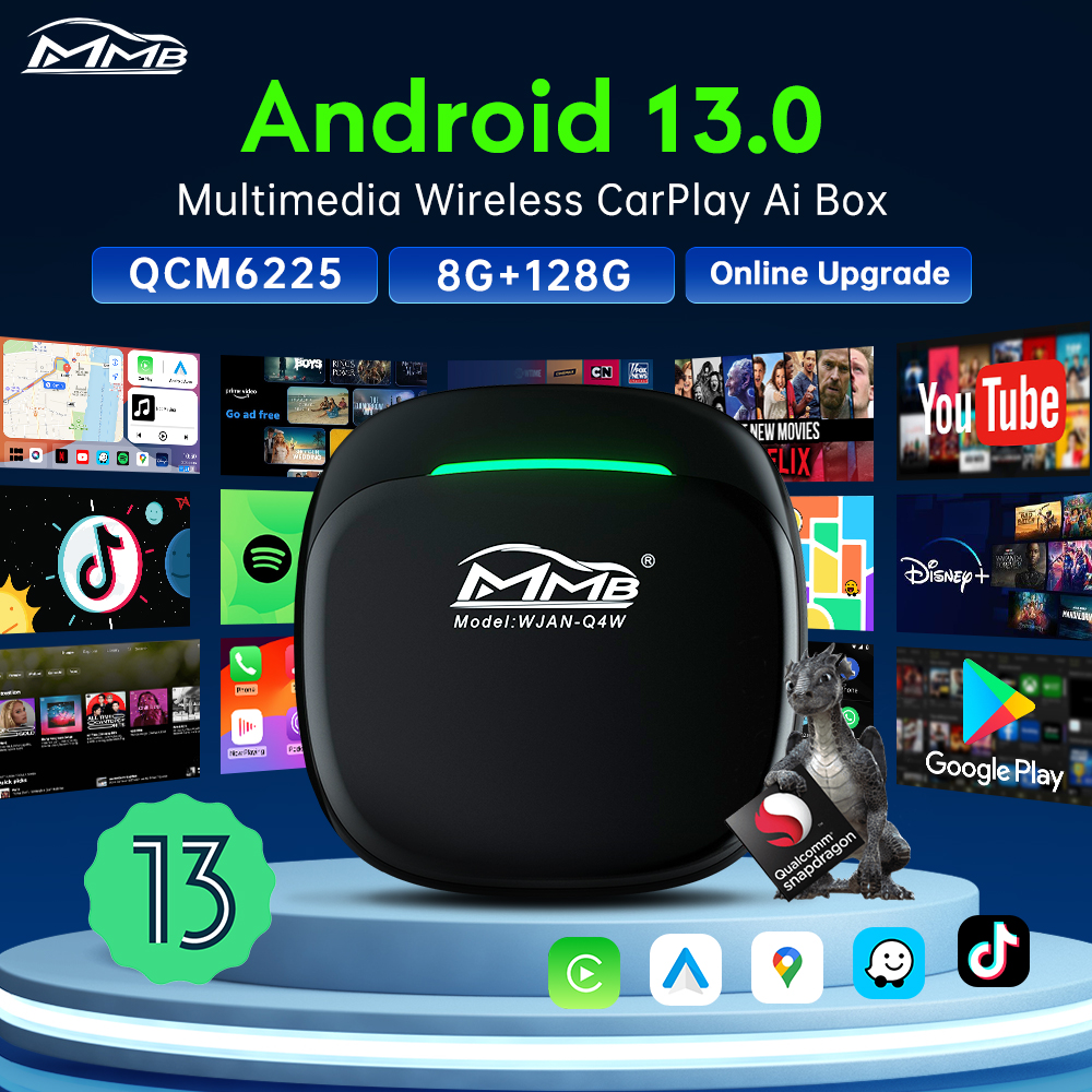 MMB 最大 5.0 スマートボックス CarPlay ワイヤレス Android 自動 AI ボックス Andriod13 TV ボックス QCM6225 8 コア 8 128 グラム TF カード 256 グラム分割画面 WiFi
