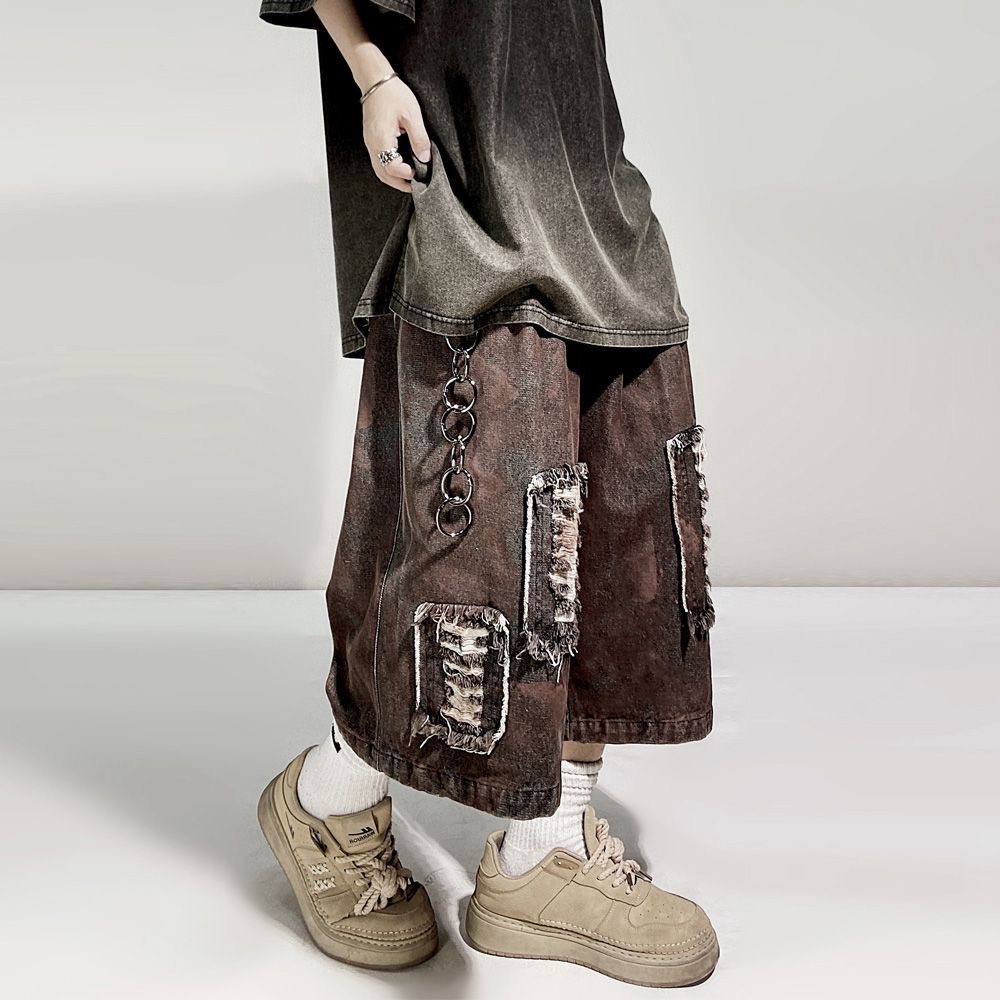 ARENS リッピングホールデニムショーツメンズストリートヒップホップ膝丈パンツ原宿ヴィンテージだぶだぶカジュアルワイドレッグショート男性