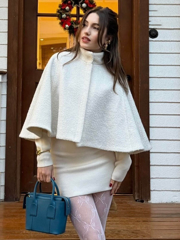 HH 女性の 2025 新しいソリッドウール混紡スタンドカラー隠しボタンケープジャケット女性のファッション多用途気質ジャケット