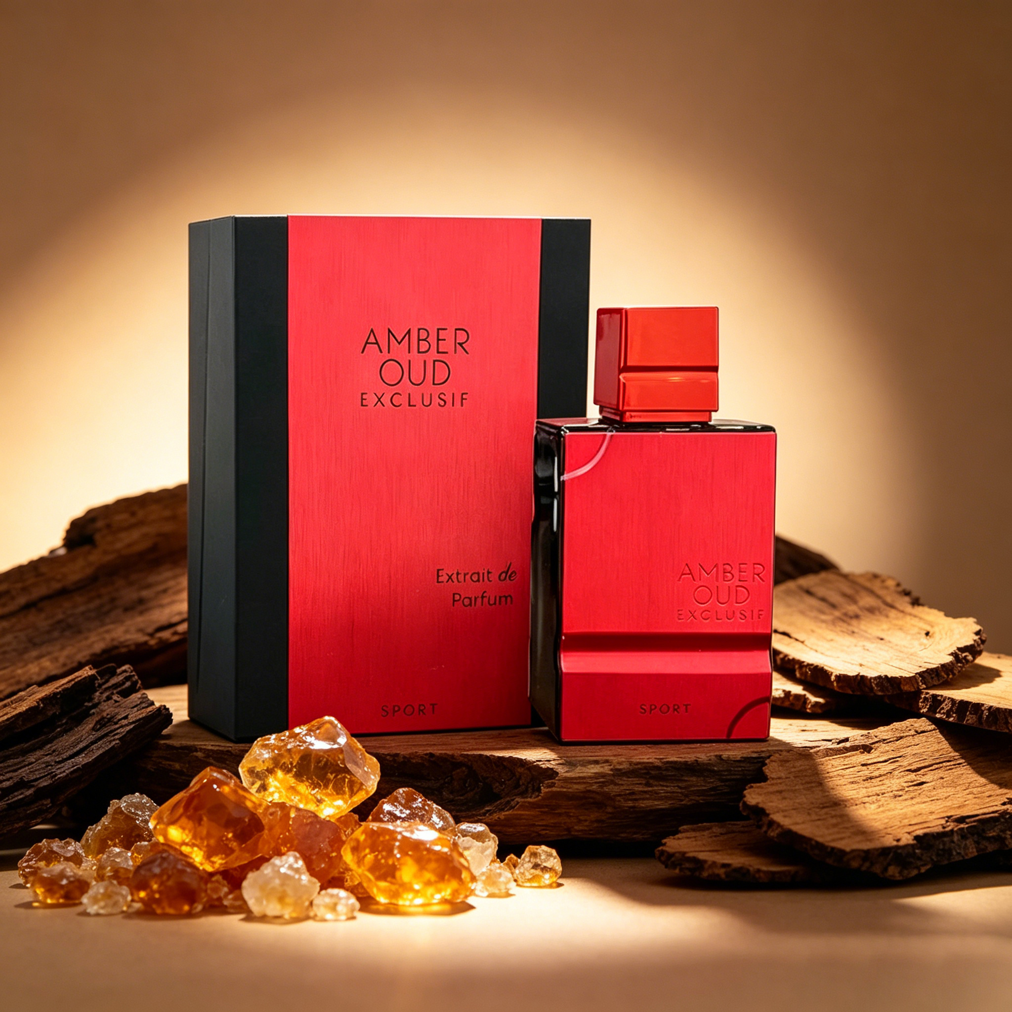 Alharamain Amber Oud Exclusif Sport、燃えるような赤いボトルボディは動きのエネルギーを運び、柑橘類と胡椒が衝突して活力を解き放ち、琥珀色の黒檀と木の仕上げ、軽くて長持ちします。g