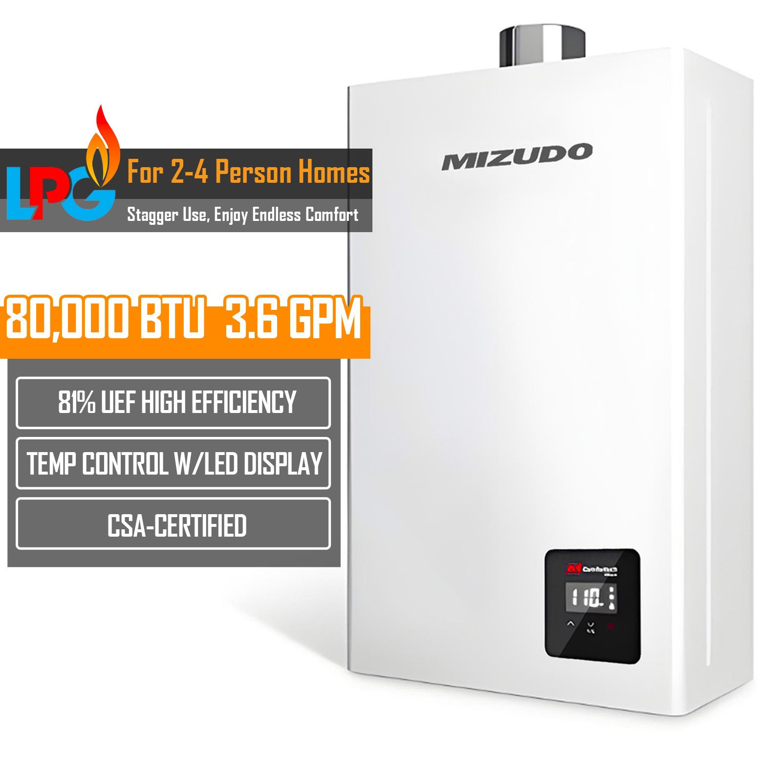 タンクレス給湯器 プロパンガス 3.6 GPM 80,000BTU インスタント ホット オンデマンド 屋内