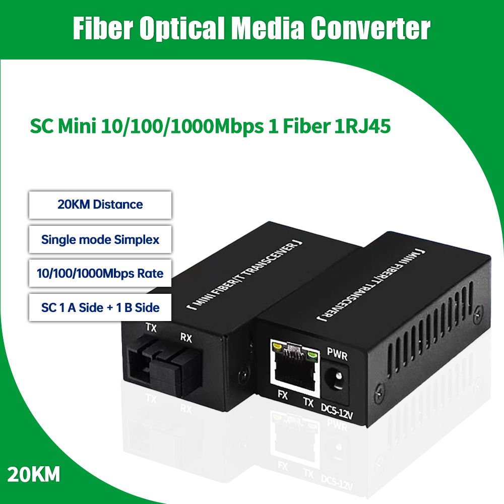 1 Pair Gigabit  Mini 1F1E Optical Fiber Media Converter Fiber Transceiver Singlemode Simplex 100/1000M SC 25KM Fiber Switch
