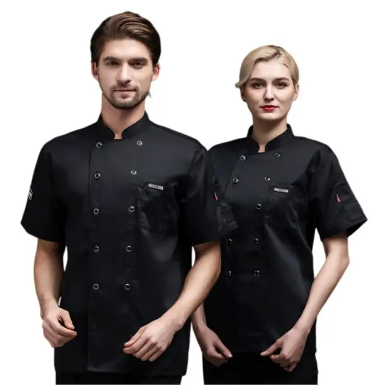 ユニセックスシェフコート半袖シェフジャケットメンズレディースブラックホワイト制服レストランキッチン調理作業服