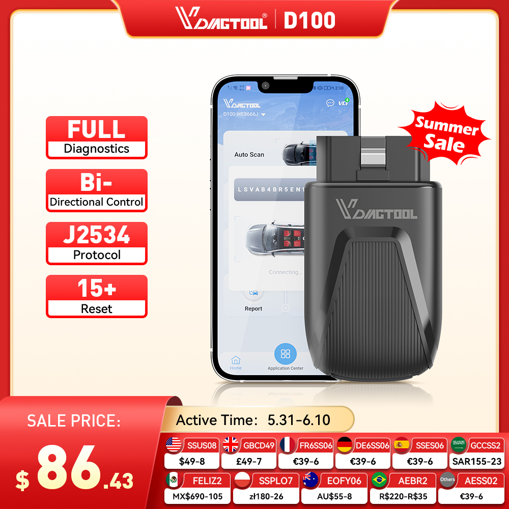 新しい VDIAGTOOL D100 OBD2 Bluetooth スキャナ車診断ツール 23 リセットすべてのシステムアクティブ J2534 プロトコル生涯無料アップデート