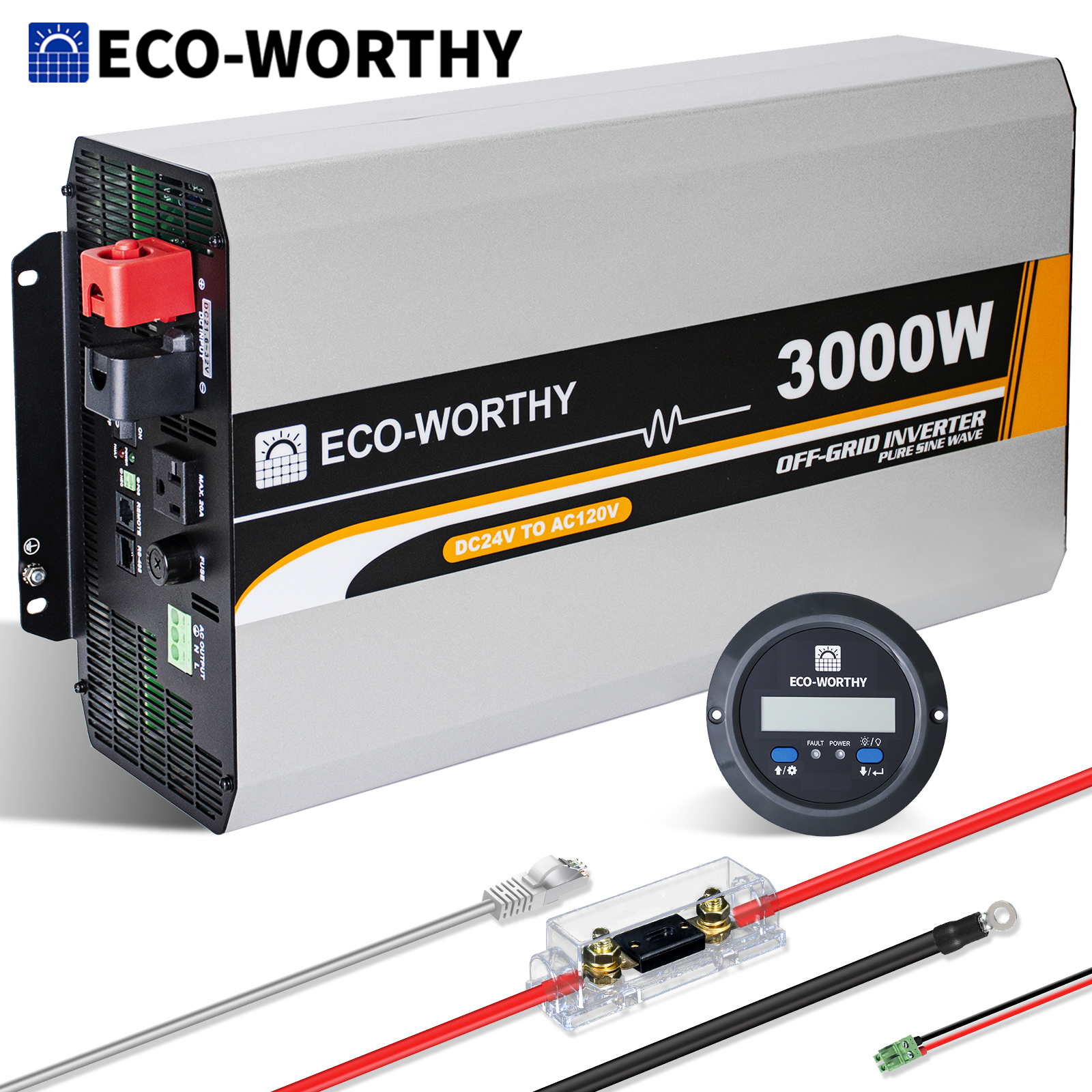 環境に優しい 3000W 純粋な正弦波太陽光発電インバーター 24V DC から 120V AC コンバーター、リモコン付き、家庭用 RV 用 AC コンセント 1 個