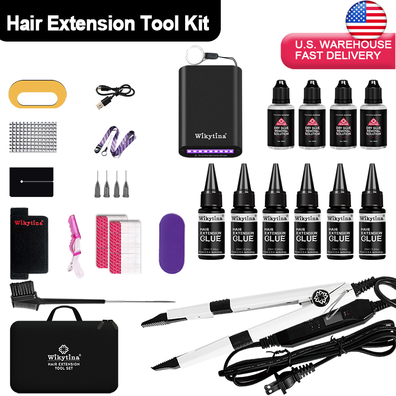 WIKYTINA UV Light Hair Extensions Kit with UV Glue and Light Professional Salon Hair Extension Machine Tool Set Invisible Bonding Remover and Accessories Complete Styling Kit for Long Lasting Hair Ext