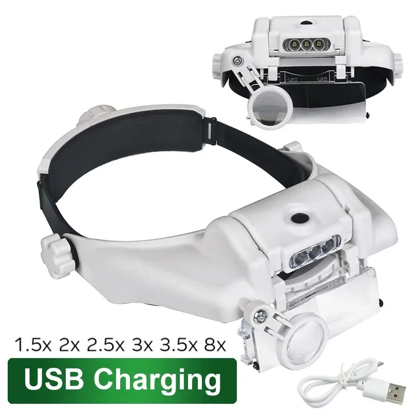 ホット販売 USB 充電式メガネルーペ時計屋修復ツールメガネ拡大鏡 LED ヘッドバンド虫眼鏡
