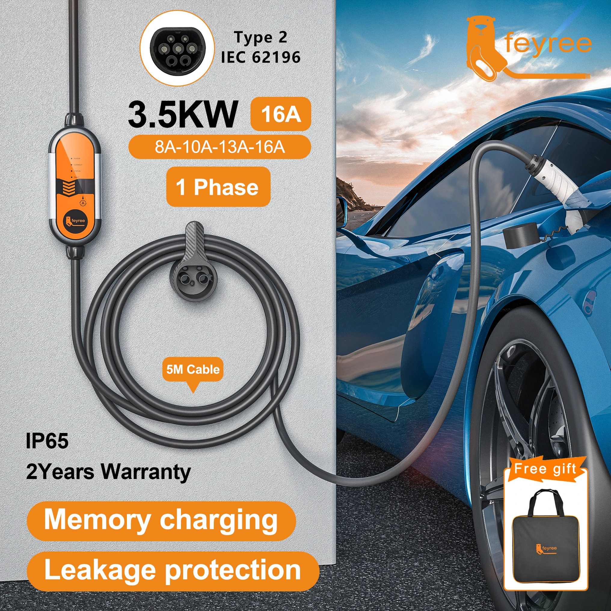 Feyree Type2 16A 3.5KW ポータブル EV 充電器 EVSE 充電ケーブル 5 メートル Schuko プラグ付き電流調整可能電気自動車の充電器