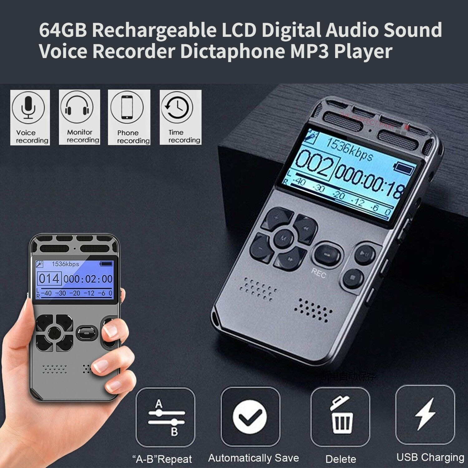64GB Rechargeable LCD Digital Audio Sound Voice Recorder Dictaphone MP3 Player