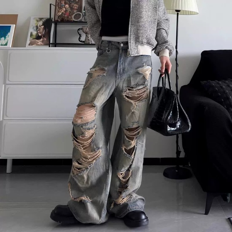メンズジーンズリラックスフィットユーズド加工破れたデニムパンツストリート夏男のパンツ洗浄ヴィンテージワイド脚穴