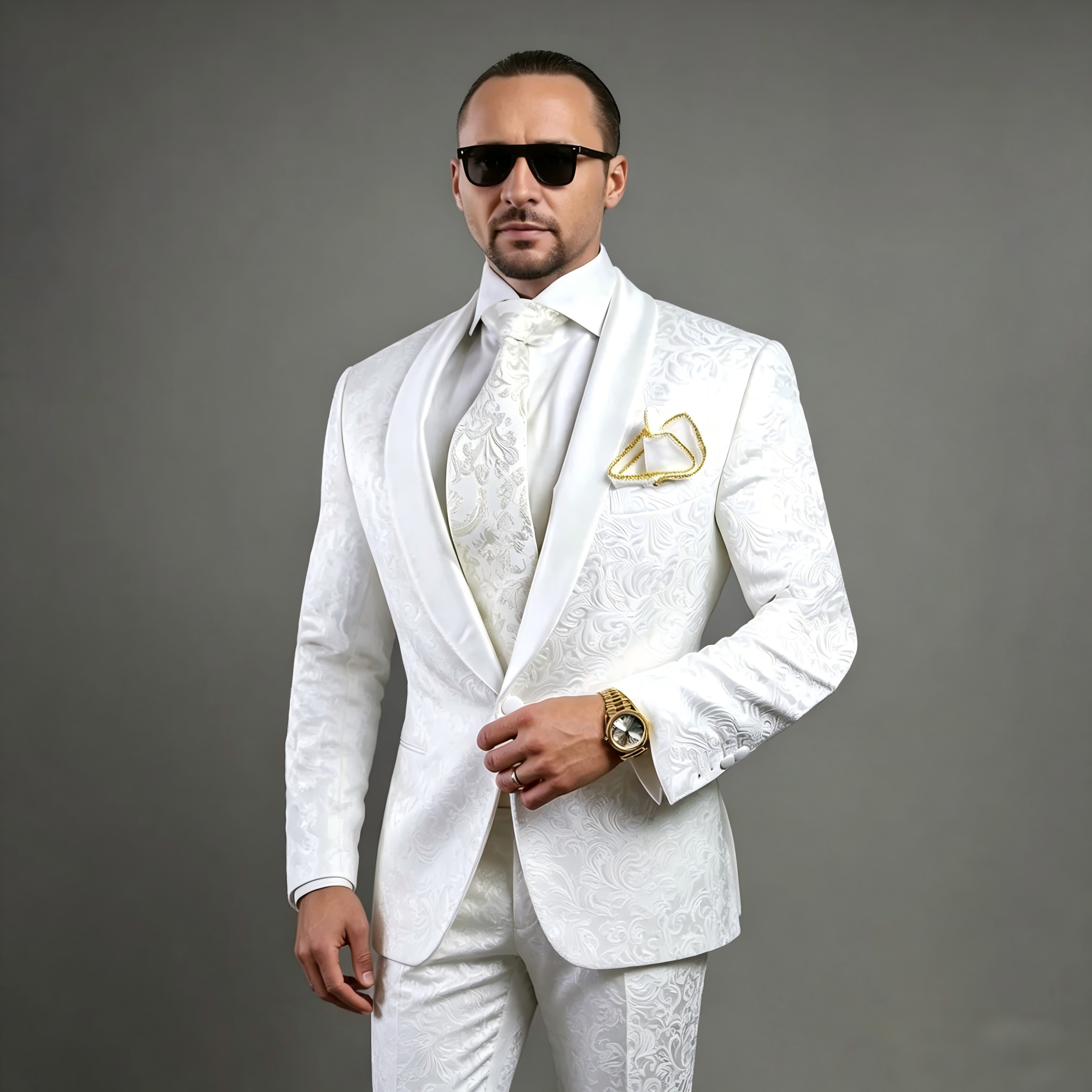 メンズ ホワイト 花柄プリント ツーピース スーツ ジャケット パンツ付添人男性のウェディング パーティー カクテル パーティー フォーマル新郎タキシード