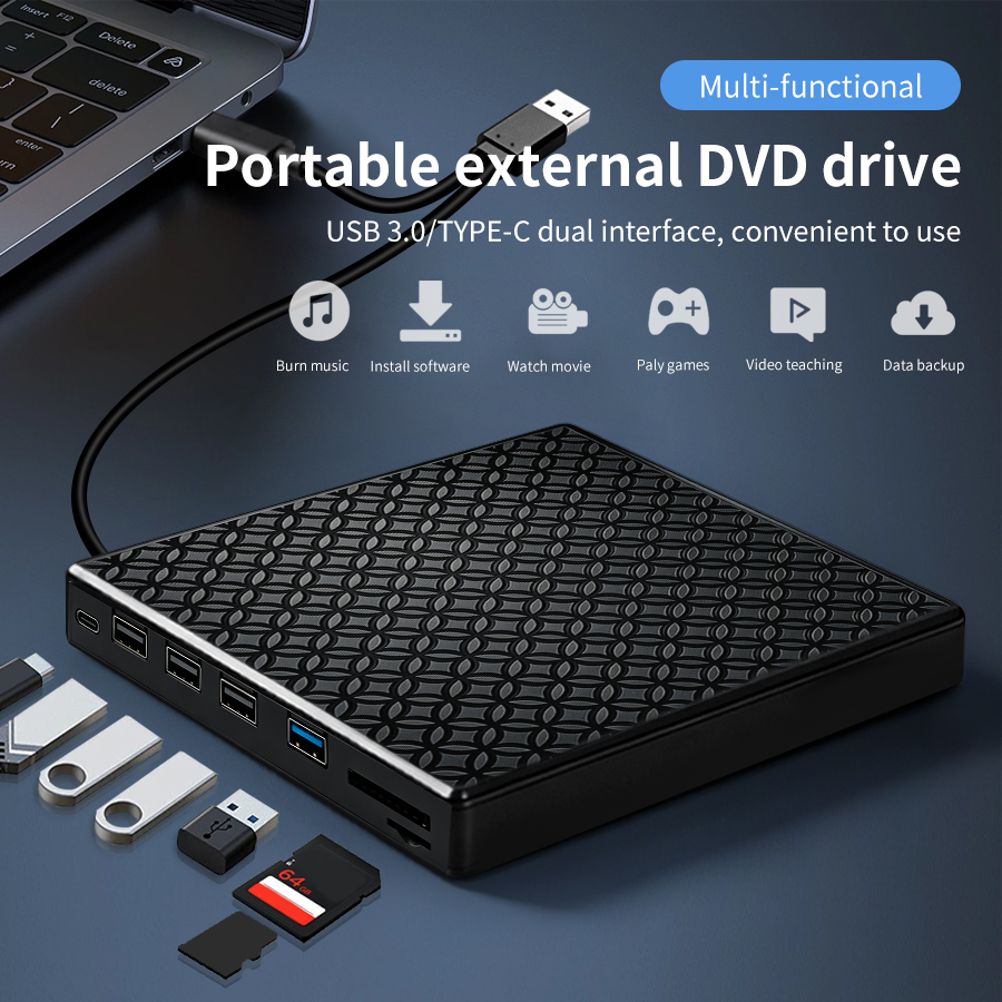 外部 DVD ドライブ USB 3.0 Type-C CD バーナー 7-in-1 ハブ SD/TF カードリーダー PD 充電ラップトップ PC Mac 用ポータブル光学ドライブ