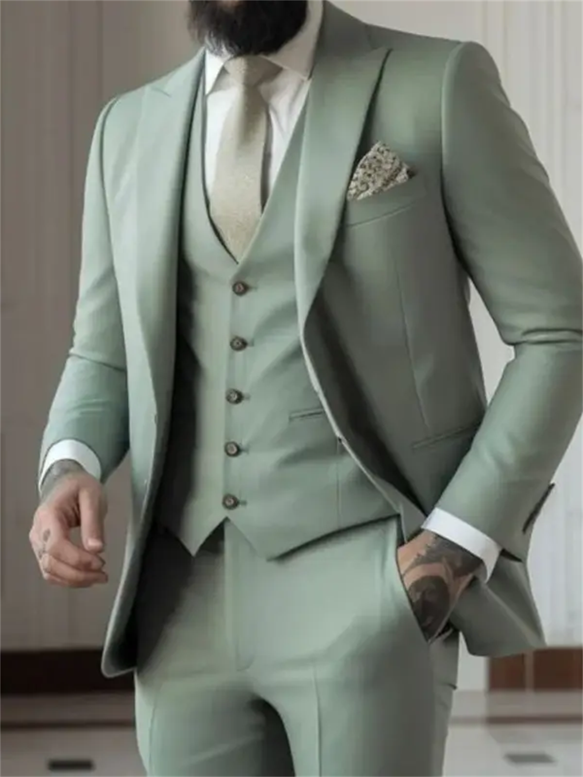 3 ピースセージグリーンメンズスリムフィットスーツ (ジャケットベストパンツ) 結婚式新郎タキシードウエディングフォーマル男性パーティーブレザー Traje Hombre