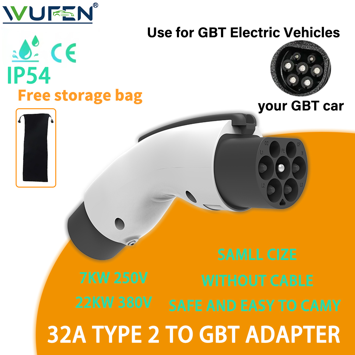 WUFEN 22KW/7KW IEC62196 タイプ 2 - GBT EV アダプタ充電コンバータ 220V/380V 32A 1P/3P Type2 GB/T 充電器コンバータアダプタ