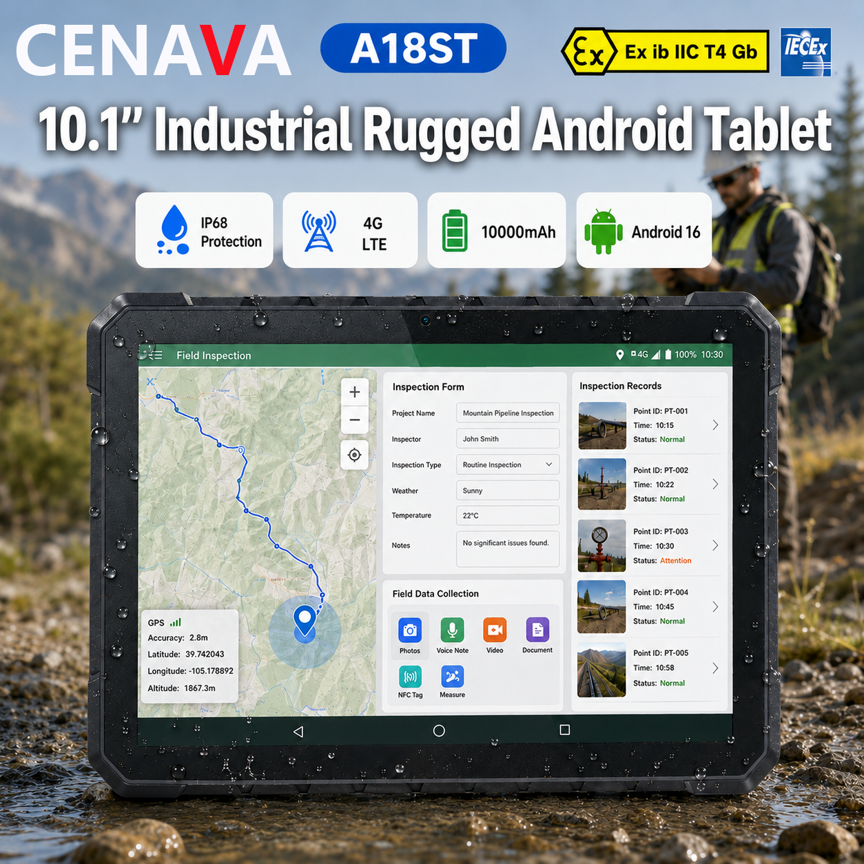 CENAVA A18ST 10.1 インチ IP68 頑丈な Android 16 タブレット 4G LTE 10000mAh カスタム NFC GPS 超スリム産業用タブレット屋外作業
