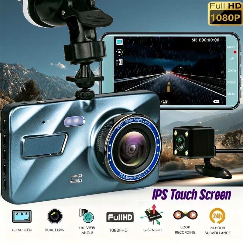 ハイエンドのデュアルカメラドライブレコーダー、4 インチ IPS タッチスクリーン、リバースカメラ、駐車監視、強化されたナイトビジョン