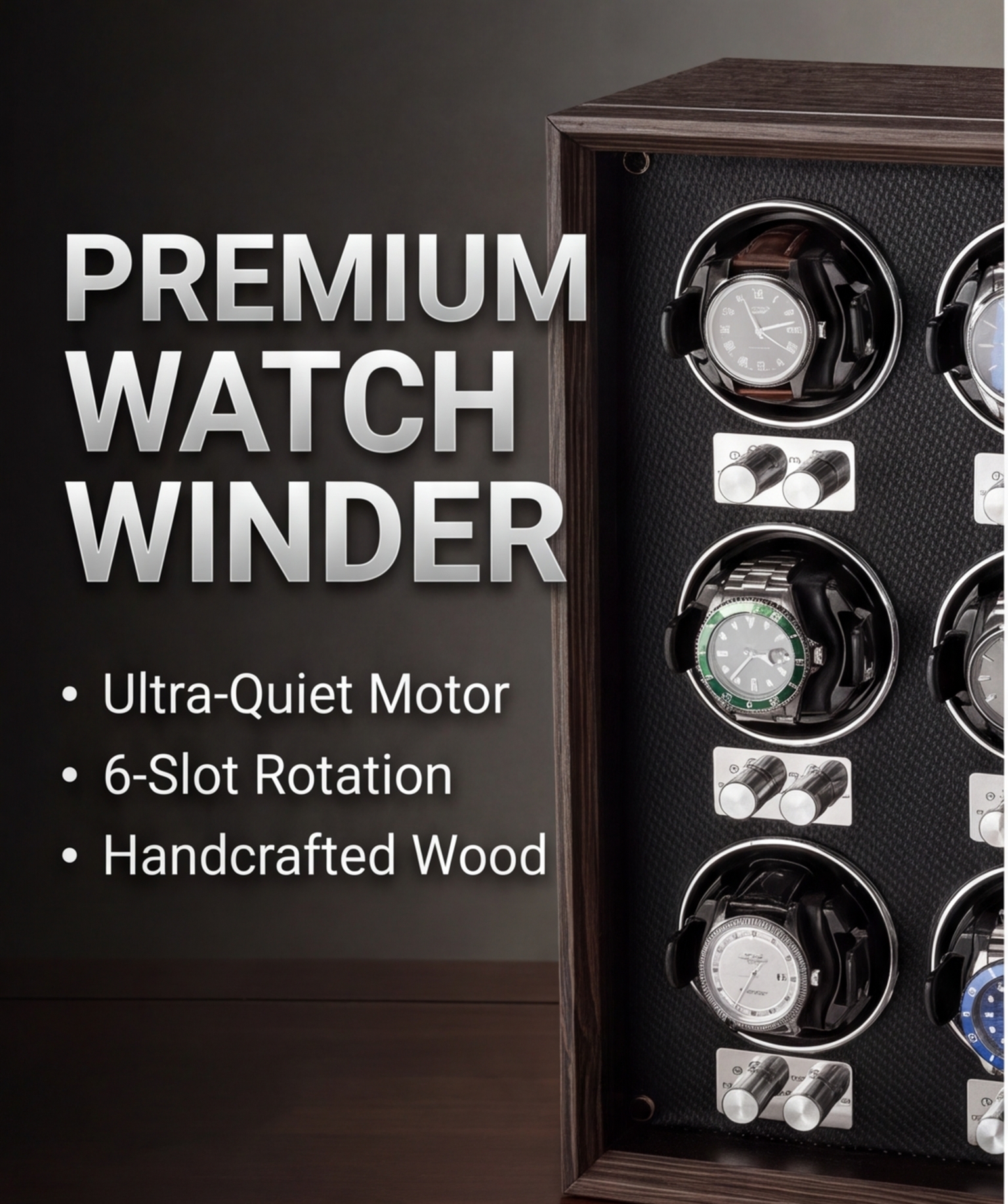 Lorvo Watch Winder 6 Slots Automatic Rotation Anti-Magnetic Ultra Quiet LED Light Storage Box for Mechanical Watches