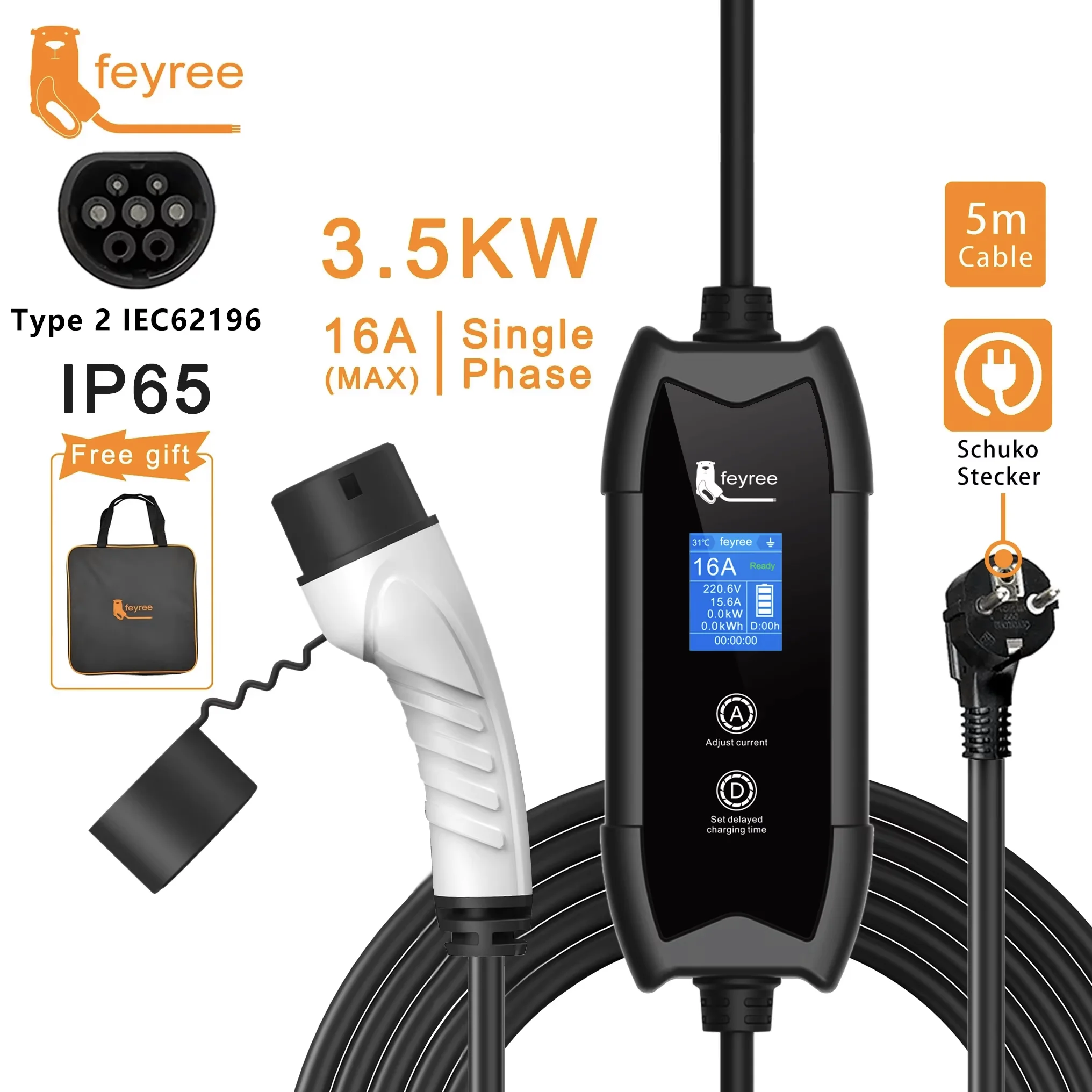 Feyree Type2 3.5KW 16A 電流調整 EV 充電器ポータブル充電ボックスセット電流