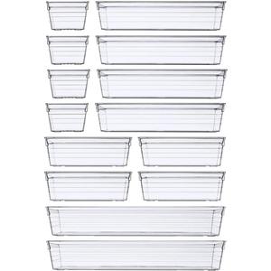 バスルームやキッチンで使える多機能デスクトップオーガナイザー14個セット - 透明プラスチック製引き出し収納
