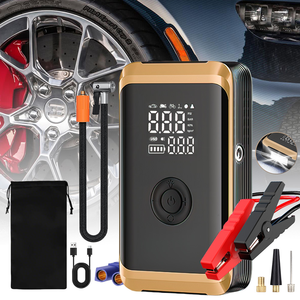 車のジャンプスターター エアコンプレッサー付き YS006-P 6000mAh ポータブル 19 シリンダー タイヤインフレーター 150PSI LED ディスプレイ Type-C 充電