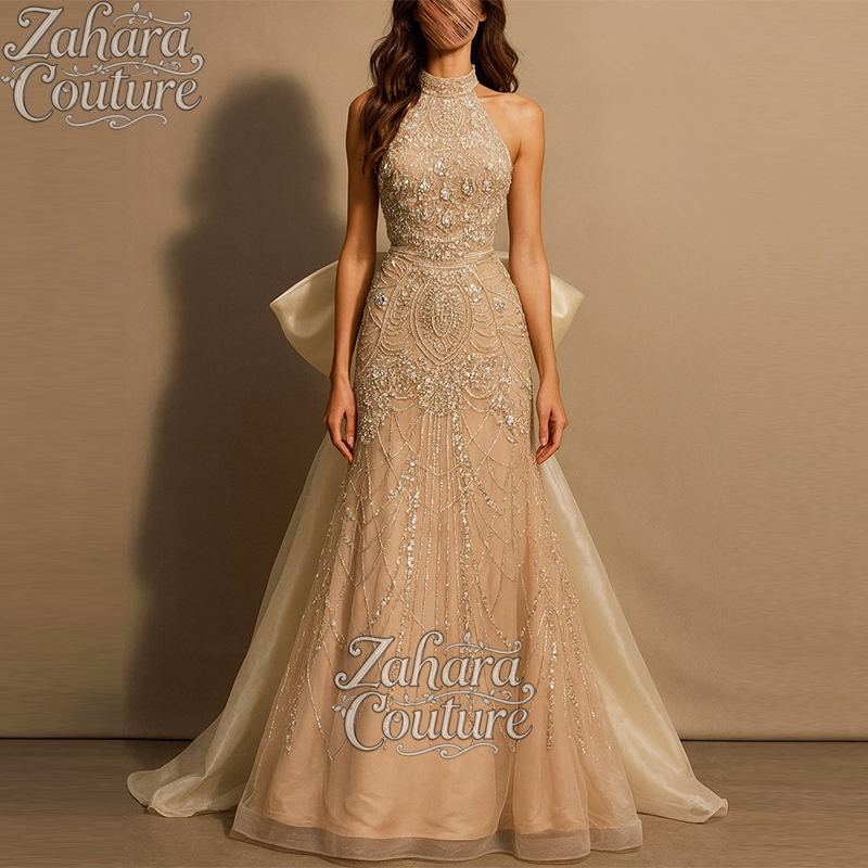 Zahara カスタマイズされたサウジアラビア刺繍ビーズレースのイブニングドレスレースマーメイドビッグボウガウンセクシーなホルターノースリーブウエディングドレス