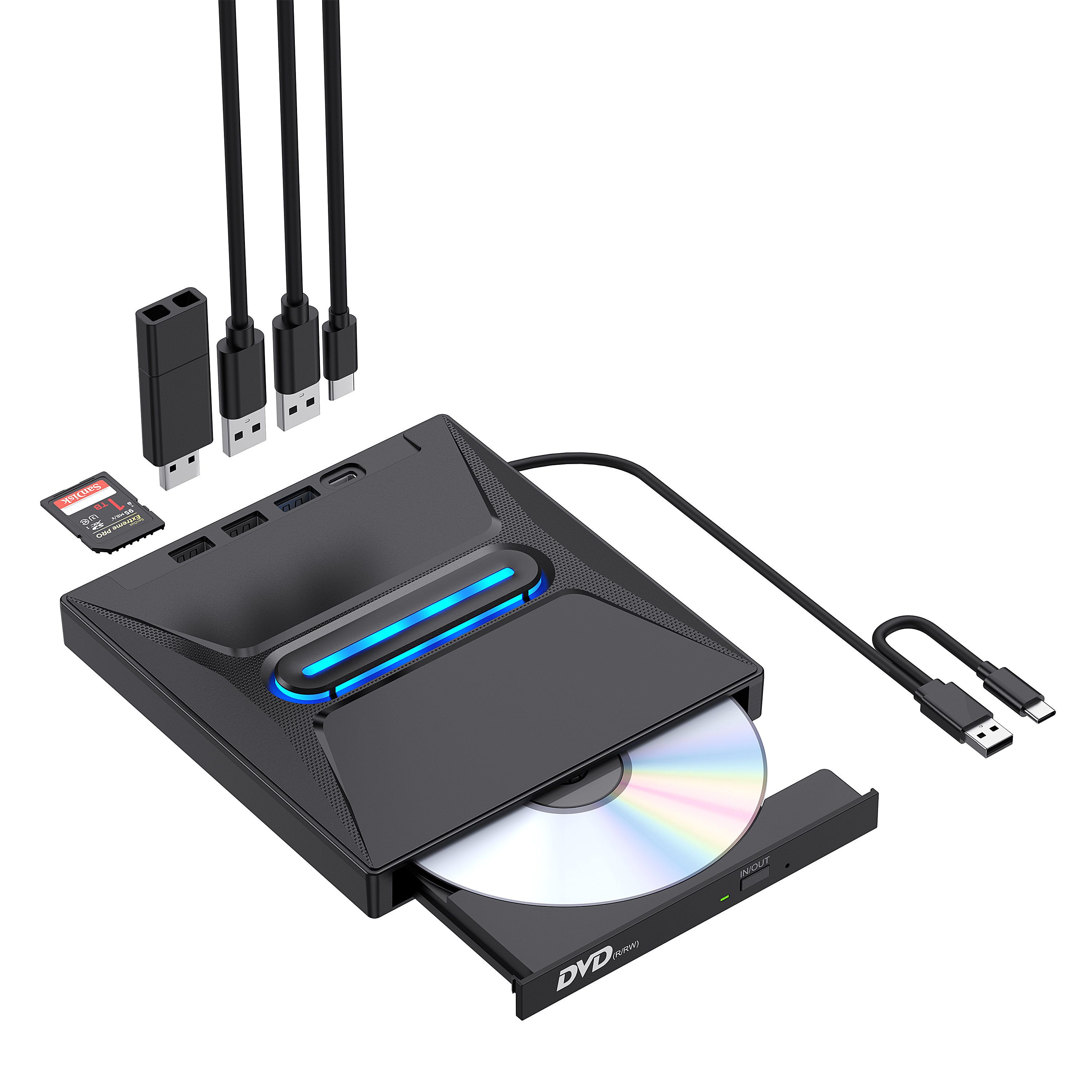 外部 CD DVD ドライブ Pro - SD カード リーダー付きポータブル Typ C CD/DVD /-RW ドライブ CD ROM バーナーおよび DVD プレーヤー ハブ - Co