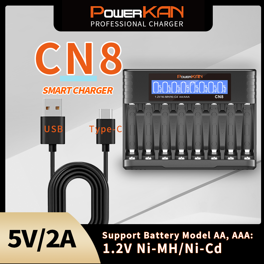 POWERKAN CN8 AA/AAA バッテリー充電器、1.2V Ni-MH/Ni-CD 充電式バッテリー用 8 スロット高速 LCD バッテリー充電器