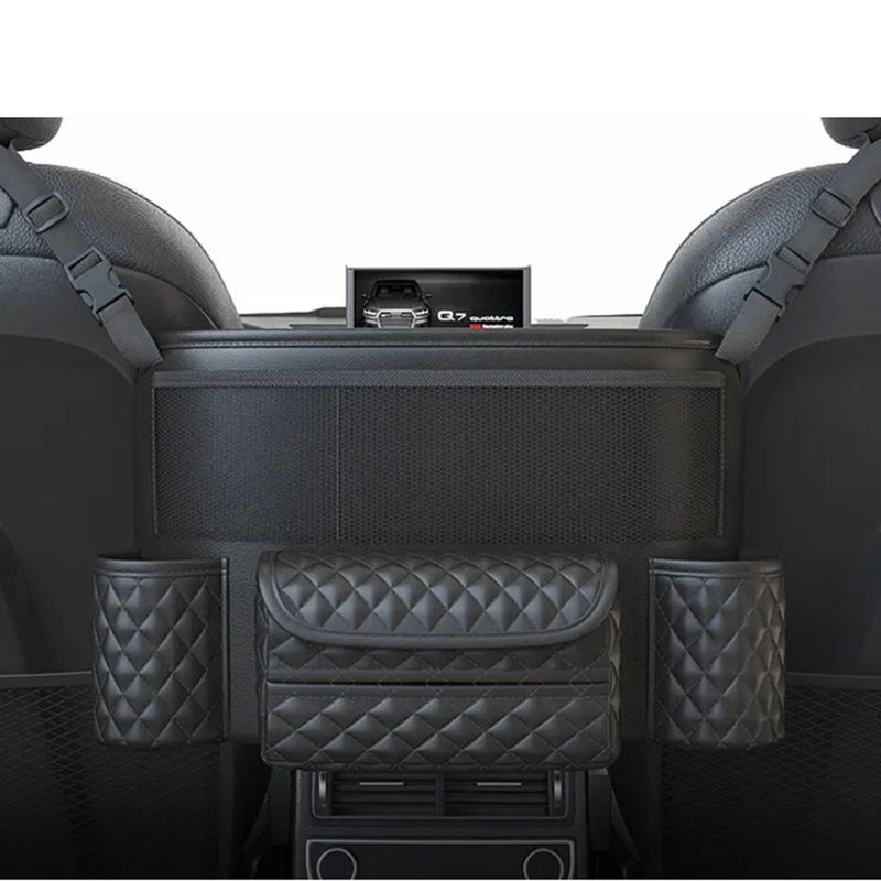レザーカーシートミドル収納袋ユニバーサル自動吊り下げハンドバッグホルダーシート間ティッシュ水カップポケット収納片付け