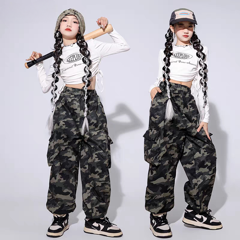 新しいヒップホップ女の子クロップトップ迷彩パンツ服セット子供ストリートダンス衣装子供ストリートティーンエイジャージャズ衣装