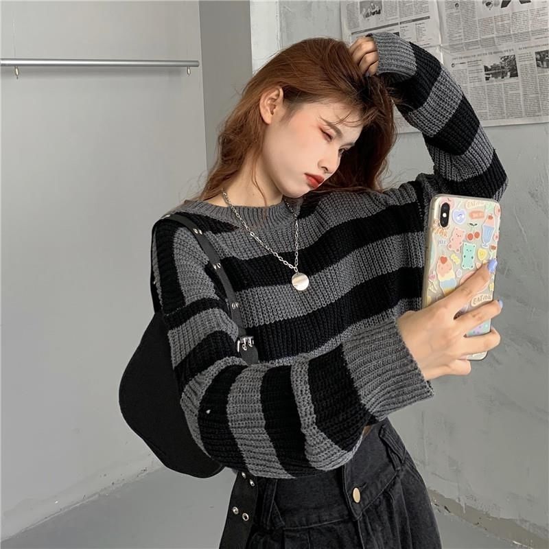 ZMZBCH 韓国スタイル秋ストライプクロップドセーター女性ヴィンテージオーバーサイズニットジャンパー女性長袖 O ネックプルオーバートップス