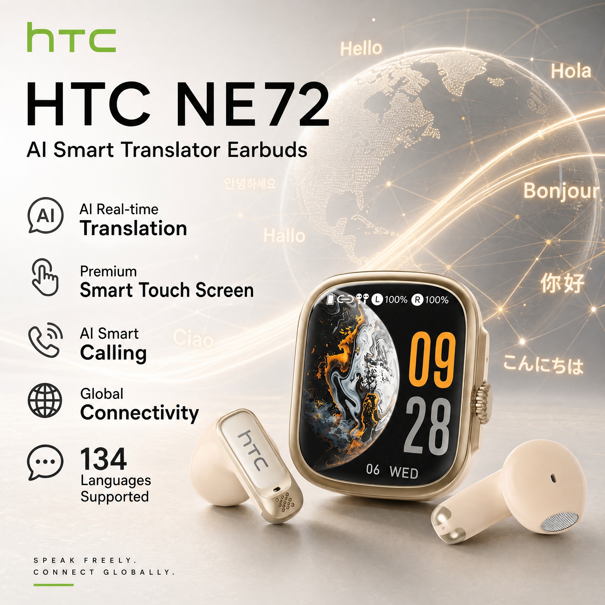 HTC NE72 TWS AI Translation Earbuds Translate Bluetooth 6.0 Headphones 30H Playtime with Smart Touch Screen for Travel Business