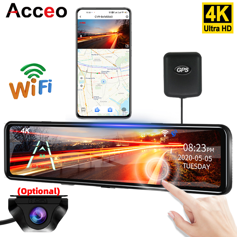 Acceo A45P 4K WIFI Car DVR Touch IPS Sony 415 Park RearView Mirror Support Rear View Camera Dashcam Car Camera Video Recorder