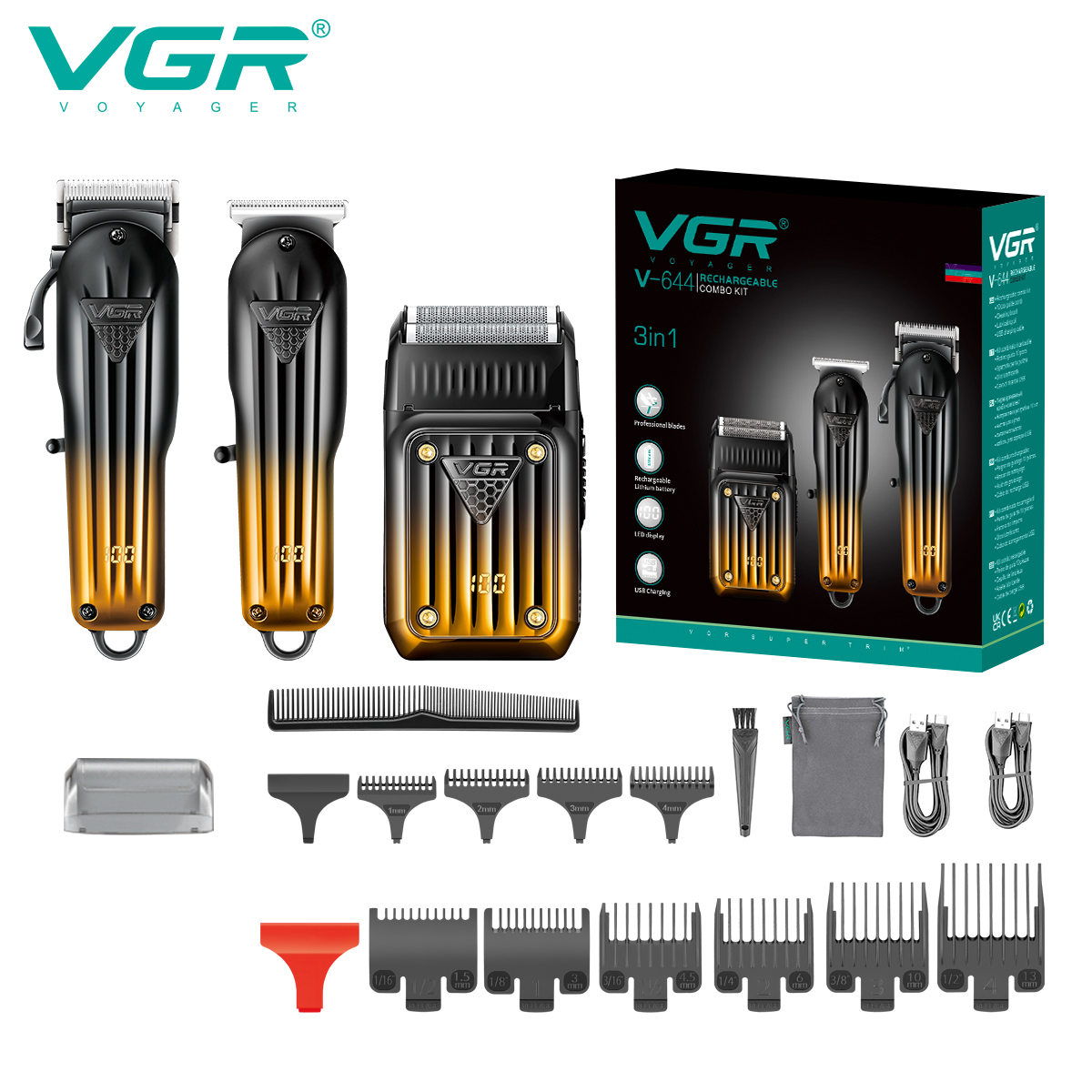 VGR 644 グラデーションヘアカットコンビネーション電気シェーバー充電式プロメンズバリカン彫刻電動プッシャー