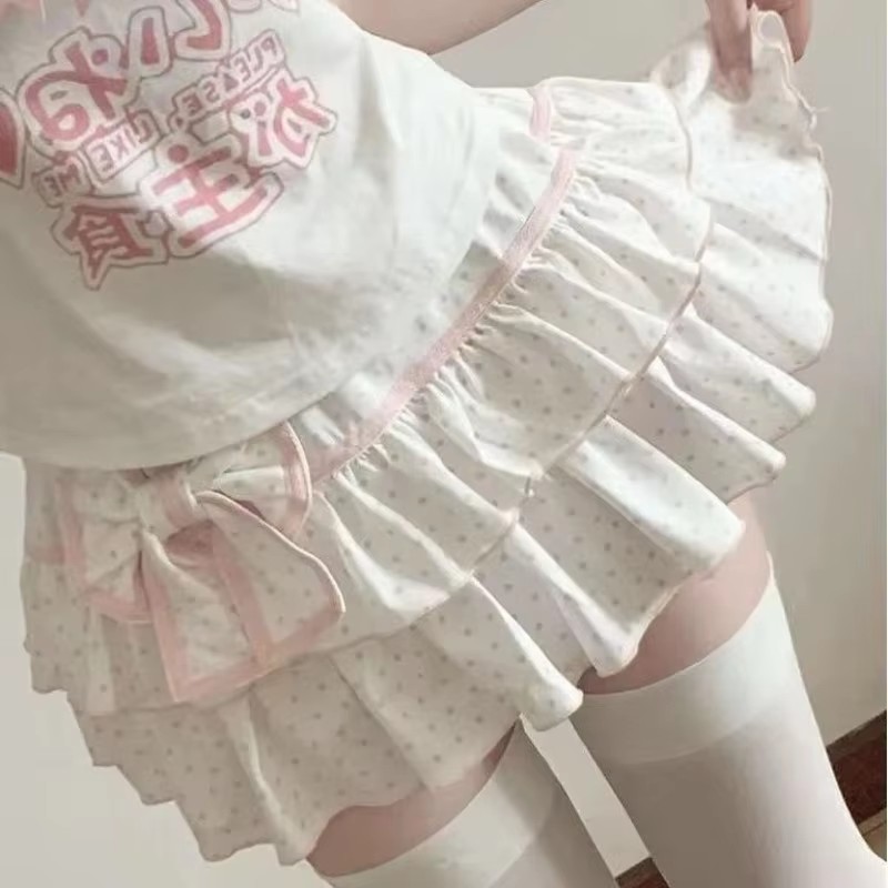 原宿 Y2k ロリータミニスカートの女性夜会服の弓和風かわいいプリーツスカート甘いドットフリルケーキレイヤードスカート