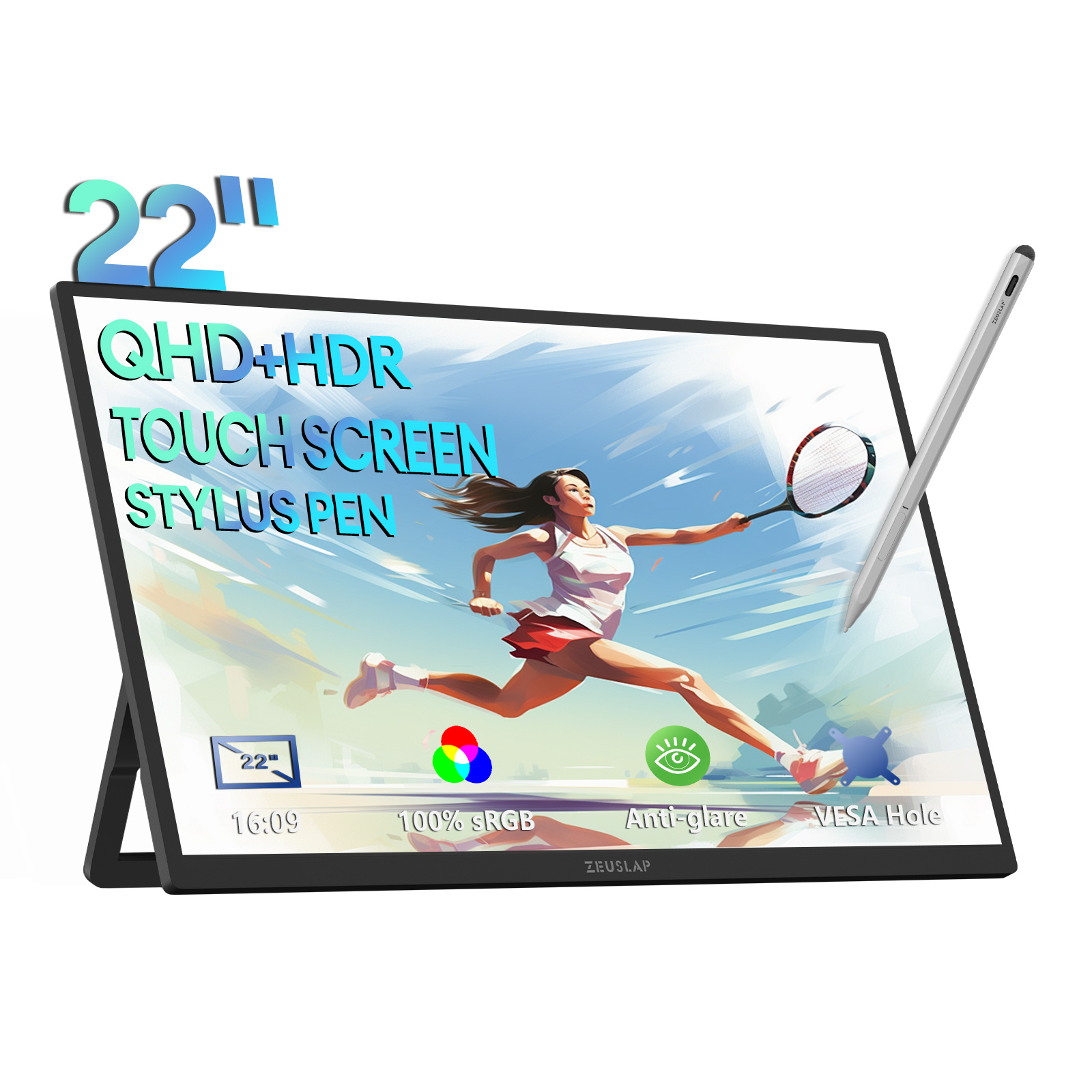 ZEUSLAP 22インチ 2560*1440P スタイラスペン タッチ 100%sRGB サンダーボルト タイプ C HDMI 出力 電話、NS、PS5、ラップトップ PC 拡張モニター用