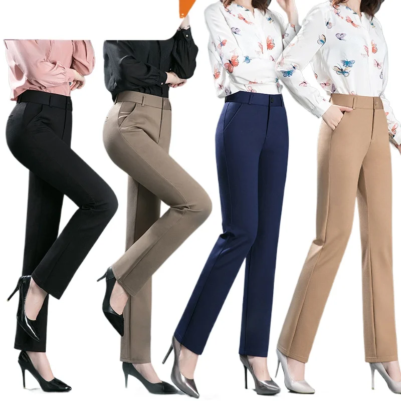2025 春と秋のカーキハイウエストストレートだぶだぶのパンツ女性、ネイビー中年ママストレッチカジュアルパンツ、プラスサイズ M-8XL