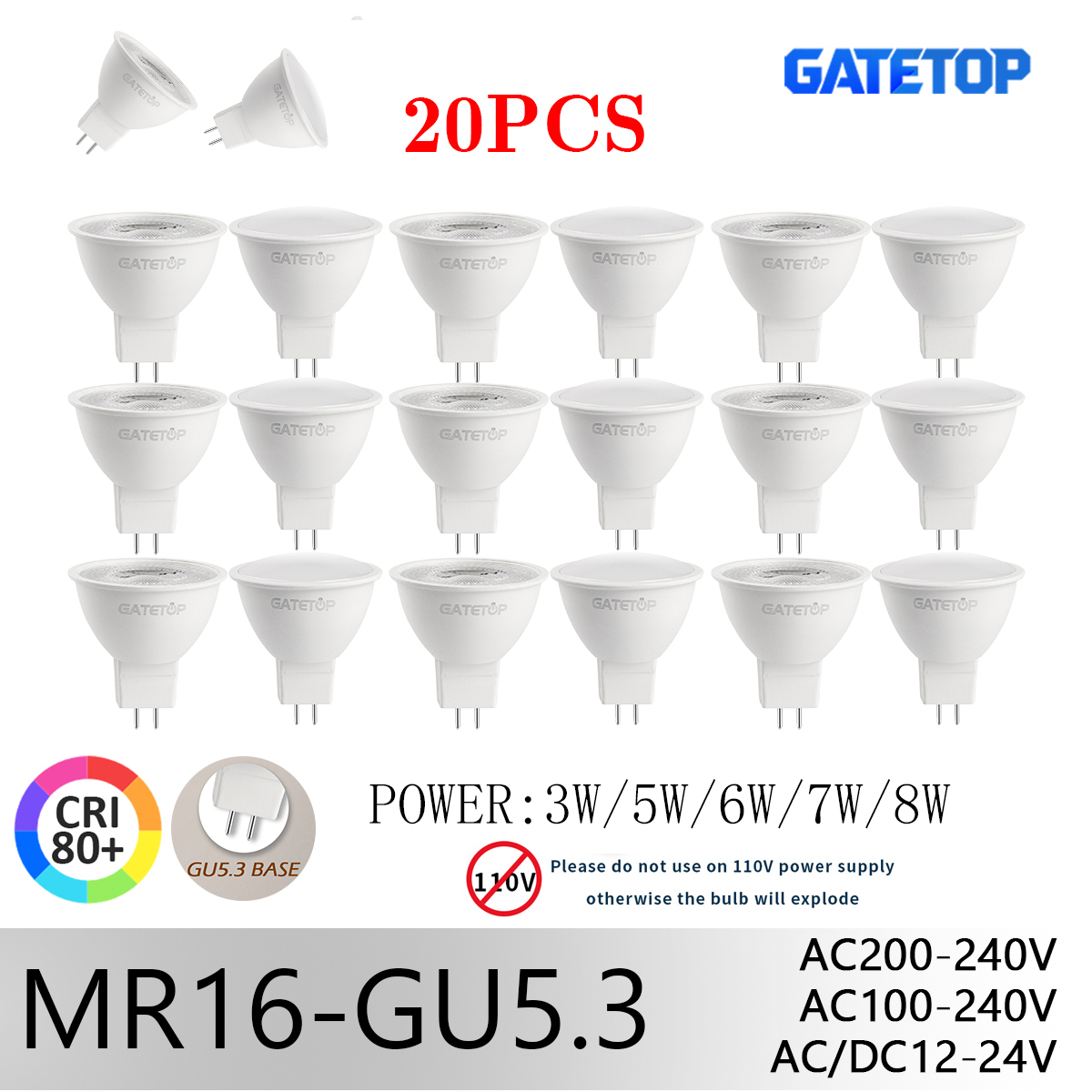 20個 MR16 GU5.3 LED スポットライト マルチ電圧 12V/110V/220V Bombillas 50W ハロゲン電球を交換 ホームオフィス天井照明用