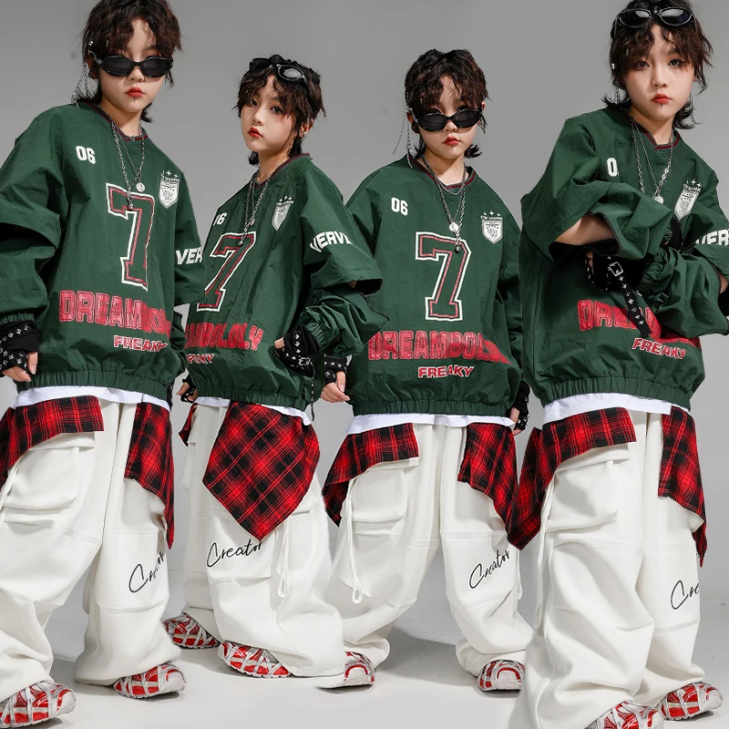 女の子ヒップホップクールプルオーバーストリートダンス迷彩カーゴパンツ男の子 K-pop プルオーバー子供ジャズ服セット子ストリート
