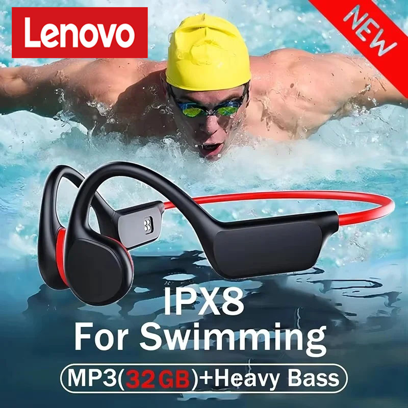 レノボ骨伝導ヘッドセットワイヤレス水泳スポーツヘッドフォン IPX8 Bluetooth 5.4 マイク付き防水エクササイズフィットネス新しい