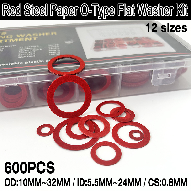 絶縁レッドスチールペーパー O タイプ平ワッシャーキット 600 個レッドペーパーガスケット耐摩耗シール CS 0.8 ミリメートル ID 5.5 ミリメートル-24 ミリメートル外径 10 ミリメートル-32 ミリメートル