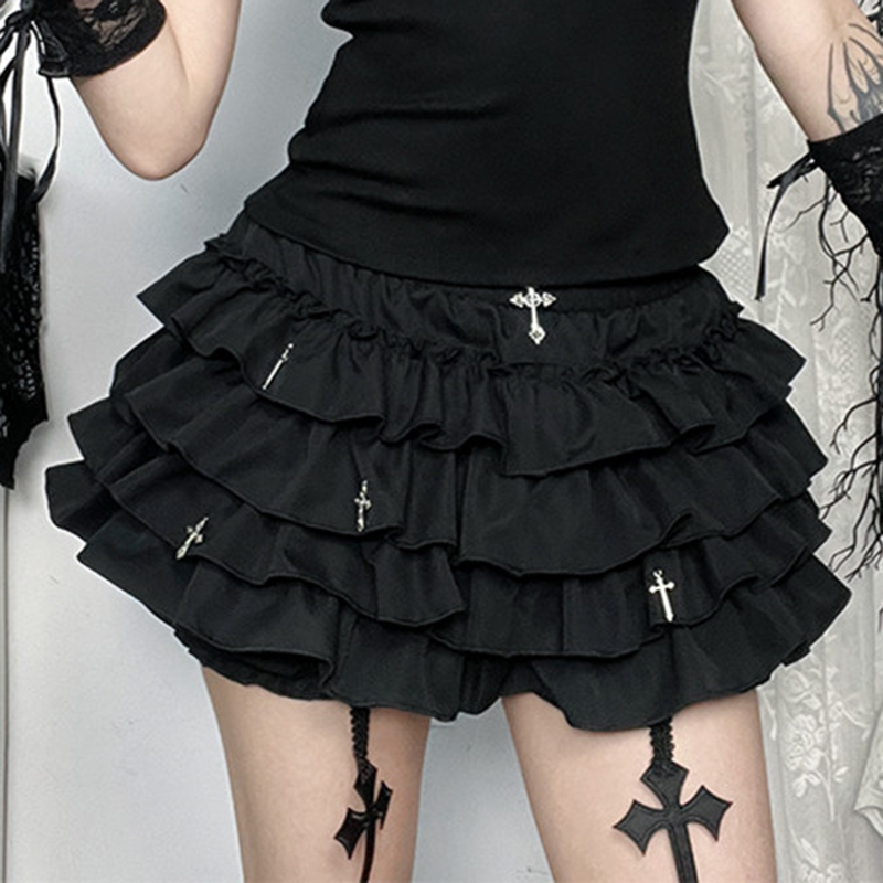 クロスペンダント付き黒ミニスカート ショーツ内蔵 ティアードフリルトリム 少女 スカパン ゴスロリ かわいい ケーキスカート