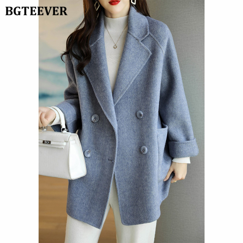 BGTEEVER スタイリッシュな長袖ルーズポケット女性ウールジャケット秋冬エレガントなラペル厚い女性のジャケット