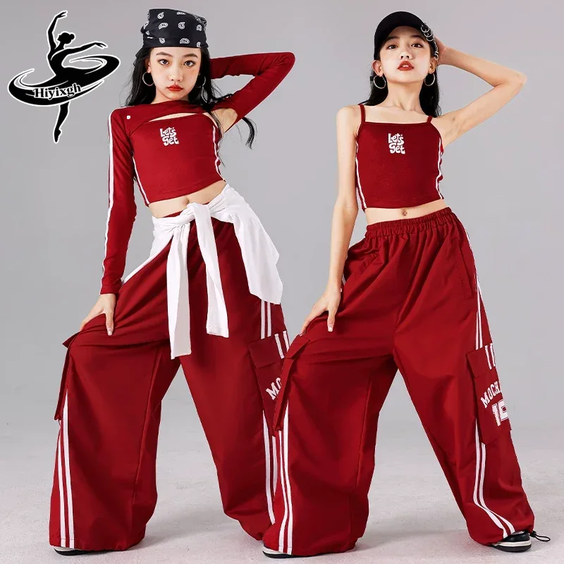 Girls Hip Hop Street Dance Costume Red Vest Loose Pants Kids Performance Modern Dancing Clothes Sets Teenagers Jazz Stage Outfit