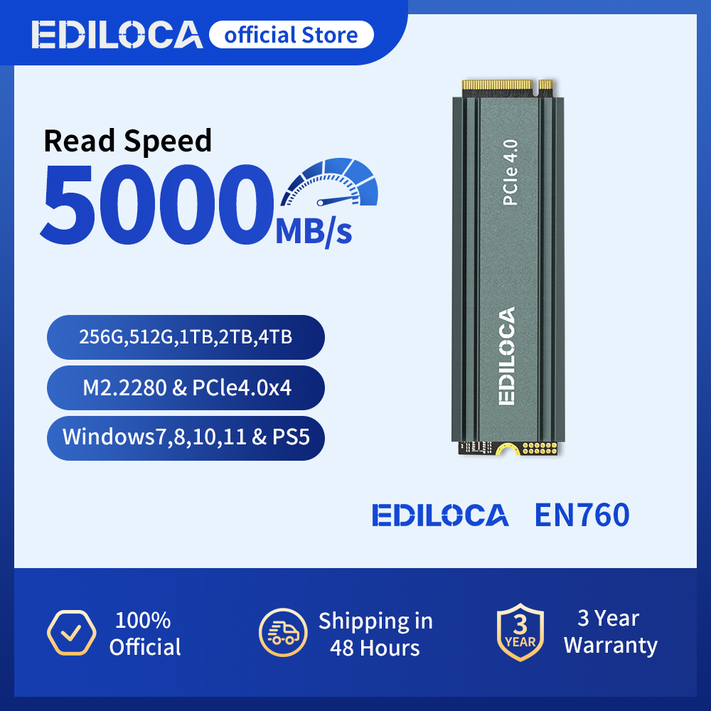 Ediloca EN760 SSD M.2 2280 NVME SSD ヒートシンク付き PCIe Gen4.0x4 3D NAND TLC 4800MB/s 内蔵ソリッドステートドライブ PS5/PC 用